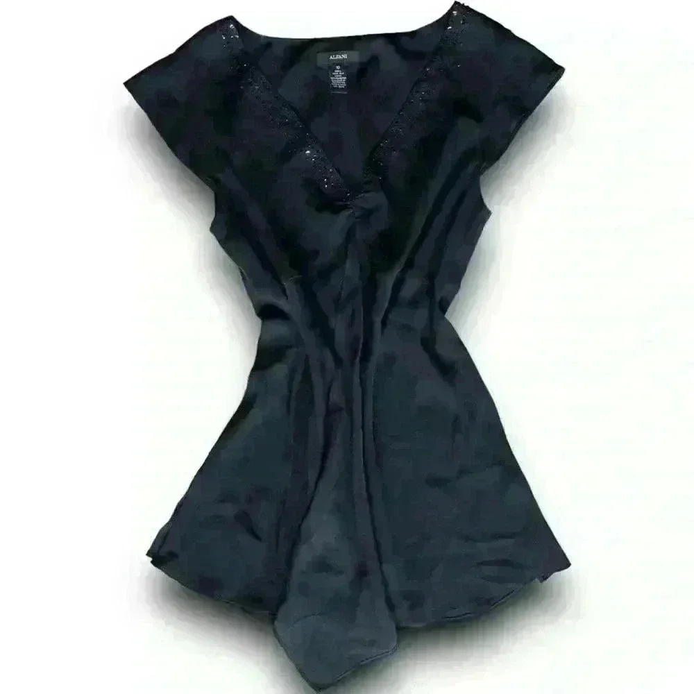 Black 100% Silk Blouse Beaded Crystal V-Neck Cap Sleeve Formal Top 10 Fairy‎ y2k